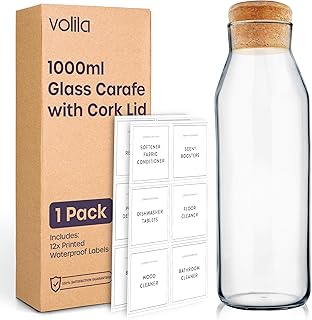 volila Water Carafe - 1000ml Glass Carafe with Lid - Glass Water Bottle with Cork Lid - Bedside Water Carafe for Cold Drink, Milk, Juice Jars - Versatile Glass Bottles for Detergent Storage (1 Pack)