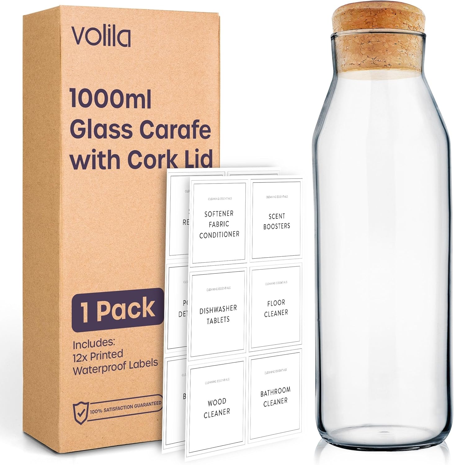 volila Water Carafe - 1000ml Glass Carafe with Lid - Glass Water Bottle with Cork Lid - Bedside Water Carafe for Cold Drink, Milk, Juice Jars - Versatile Glass Bottles for Detergent Storage (1 Pack)-0