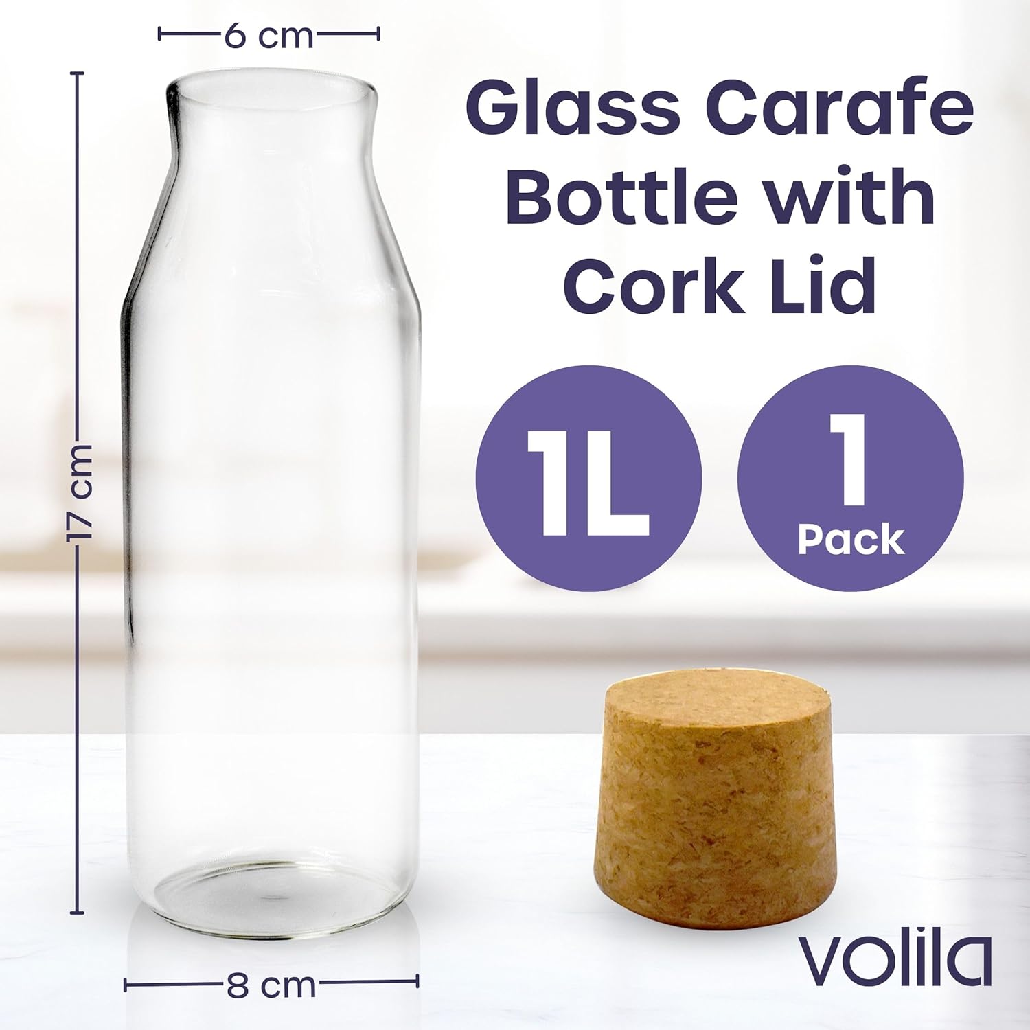 volila Water Carafe - 1000ml Glass Carafe with Lid - Glass Water Bottle with Cork Lid - Bedside Water Carafe for Cold Drink, Milk, Juice Jars - Versatile Glass Bottles for Detergent Storage (1 Pack)-1