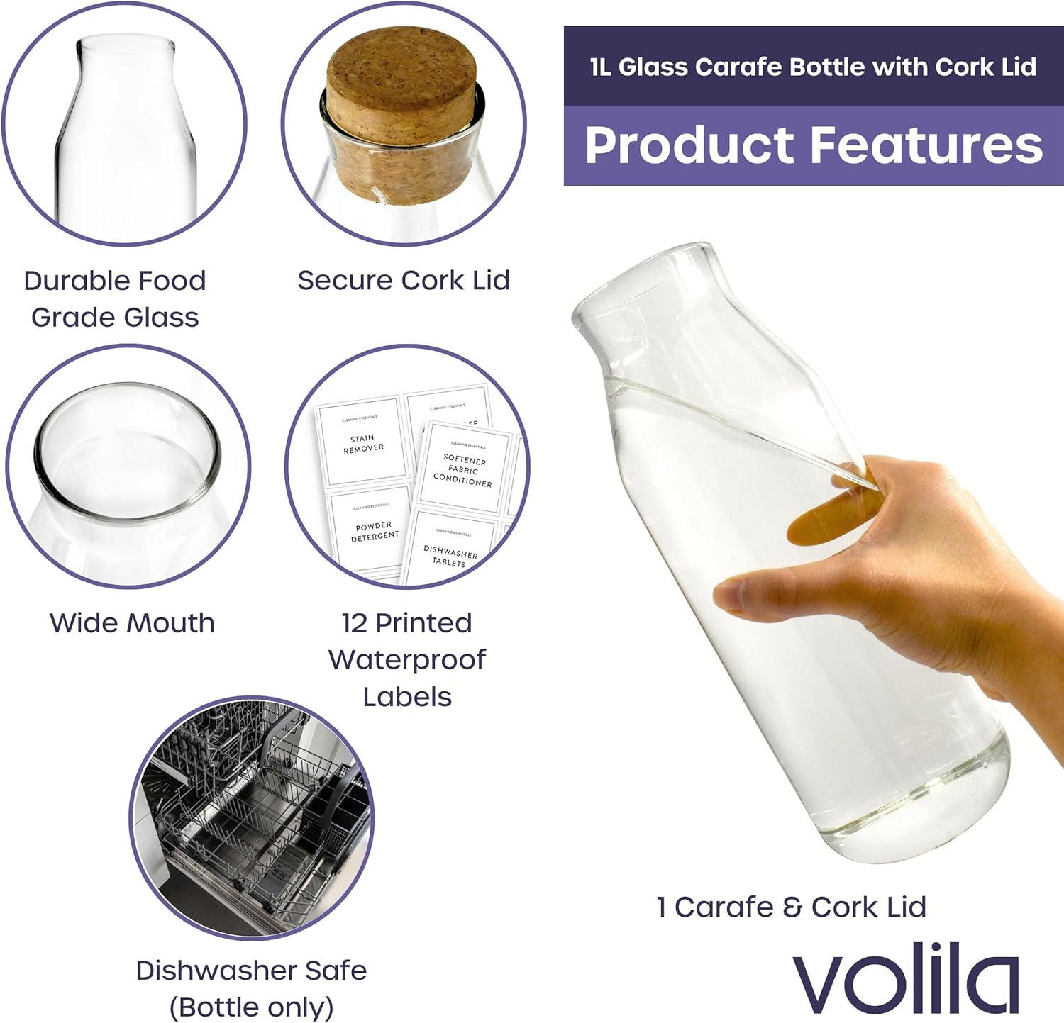 volila Water Carafe - 1000ml Glass Carafe with Lid - Glass Water Bottle with Cork Lid - Bedside Water Carafe for Cold Drink, Milk, Juice Jars - Versatile Glass Bottles for Detergent Storage (1 Pack)-2