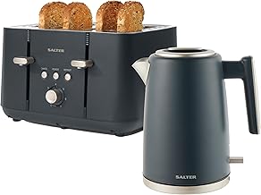 Salter COMBO-8823 Marino Kettle and Toaster Set – 1.7L Capacity Fast Boil Kettle, 4-Slice Anti-Jamming Electric Toaster, Removable Crumb Tray, 360° Swivel Base, Limescale Filter, Blue Grey, 3kW/1850W