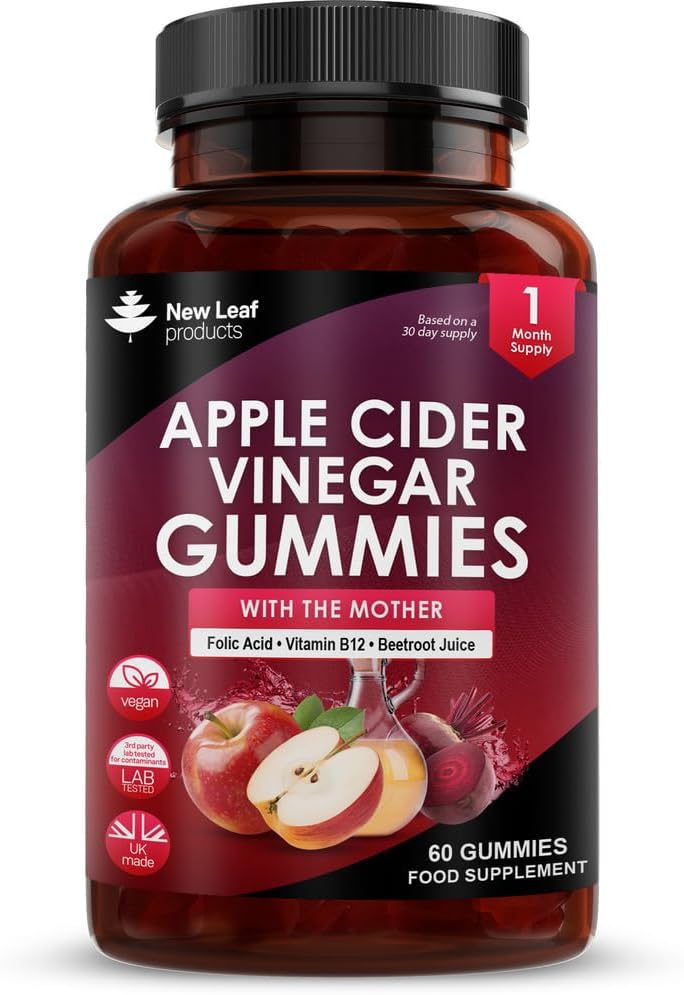 Apple Cider Vinegar Gummies with The Mother 1000mg Enhanced with Vitamin B12 & Folic Acid - 60 High Strength ACV Vegan Capsules with Beetroot Juice - No Artificial Colours or Flavours - UK Made-0