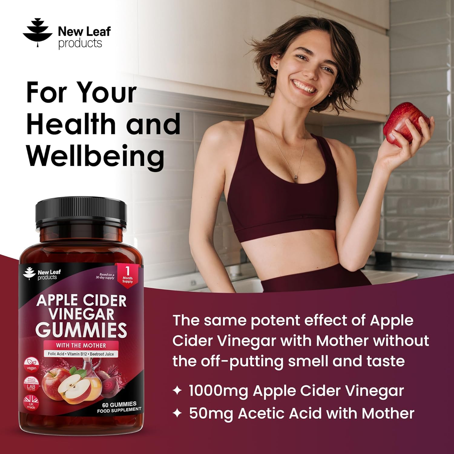 Apple Cider Vinegar Gummies with The Mother 1000mg Enhanced with Vitamin B12 & Folic Acid - 60 High Strength ACV Vegan Capsules with Beetroot Juice - No Artificial Colours or Flavours - UK Made-2