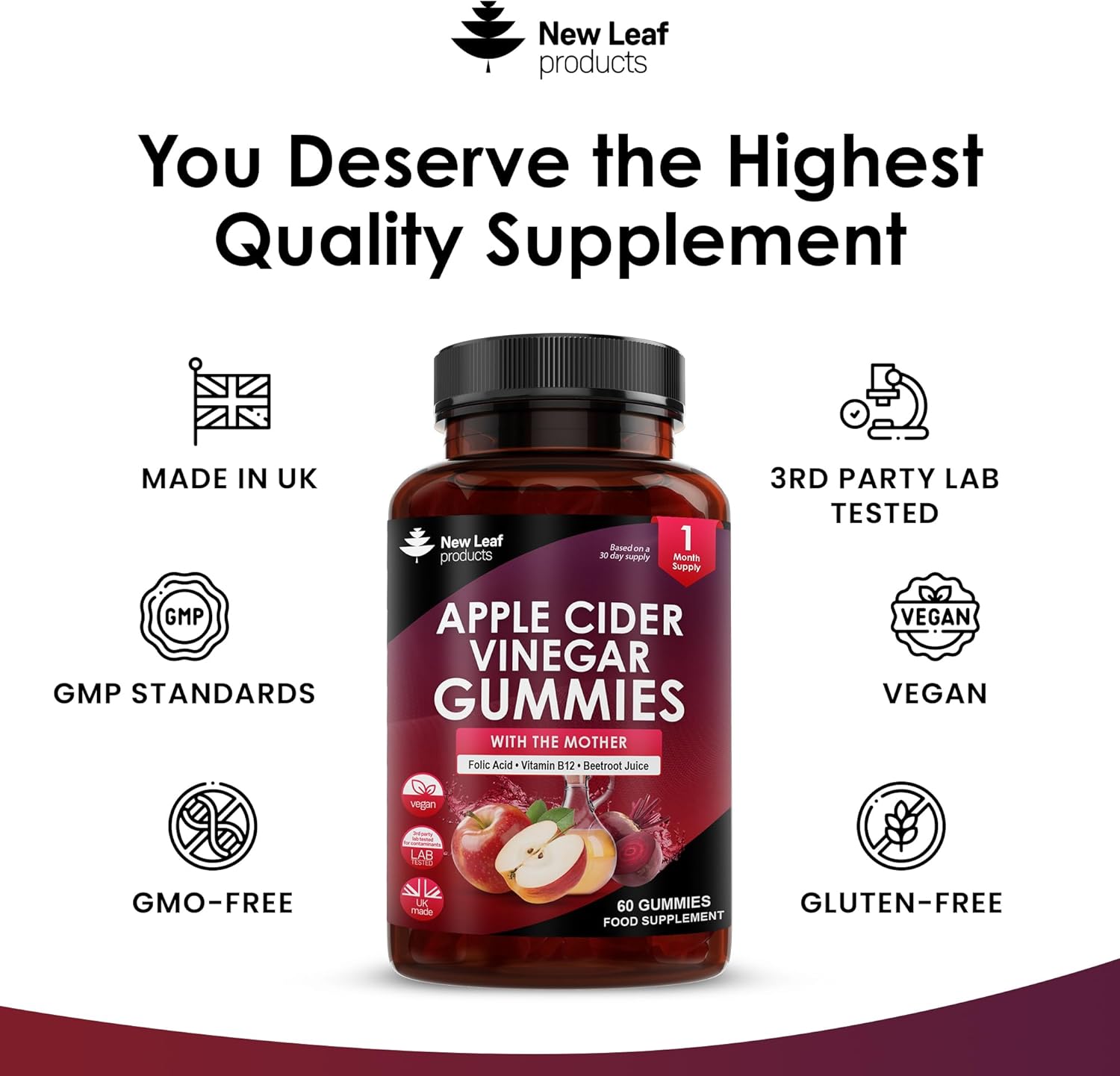 Apple Cider Vinegar Gummies with The Mother 1000mg Enhanced with Vitamin B12 & Folic Acid - 60 High Strength ACV Vegan Capsules with Beetroot Juice - No Artificial Colours or Flavours - UK Made-4