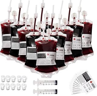 sanjianke-fs 20Pcs Blood Bags with Clip Blood Group Sticker, Drink Pouches for Halloween Nurse Cosplay Party Props Party Favors