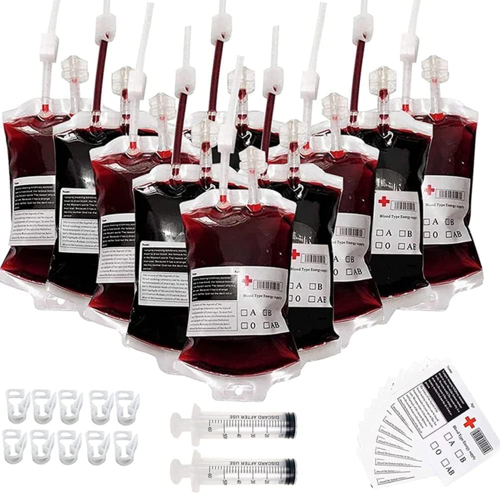 sanjianke-fs 20Pcs Blood Bags with Clip Blood Group Sticker, Drink Pouches for Halloween Nurse Cosplay Party Props Party Favors-0