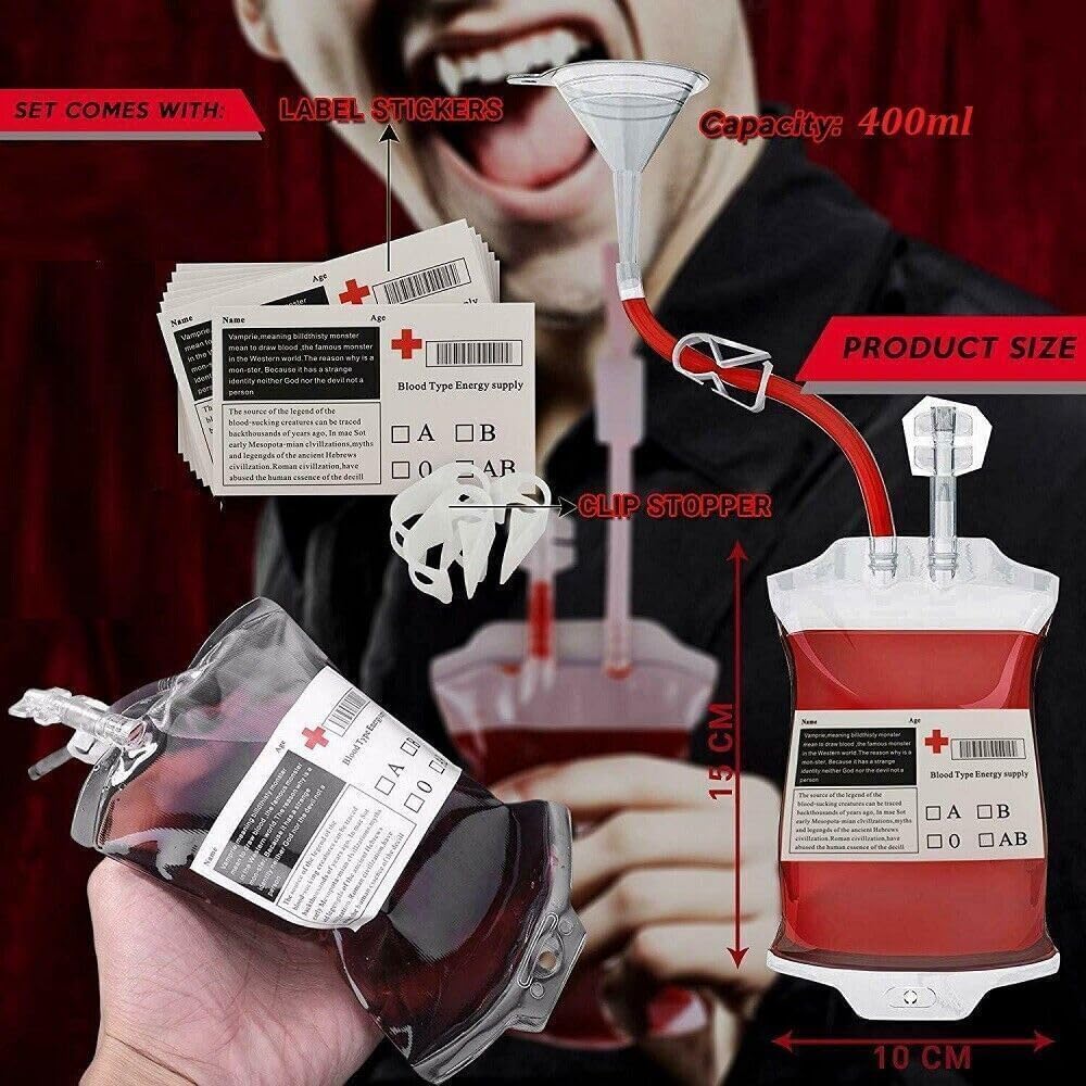 sanjianke-fs 20Pcs Blood Bags with Clip Blood Group Sticker, Drink Pouches for Halloween Nurse Cosplay Party Props Party Favors-1