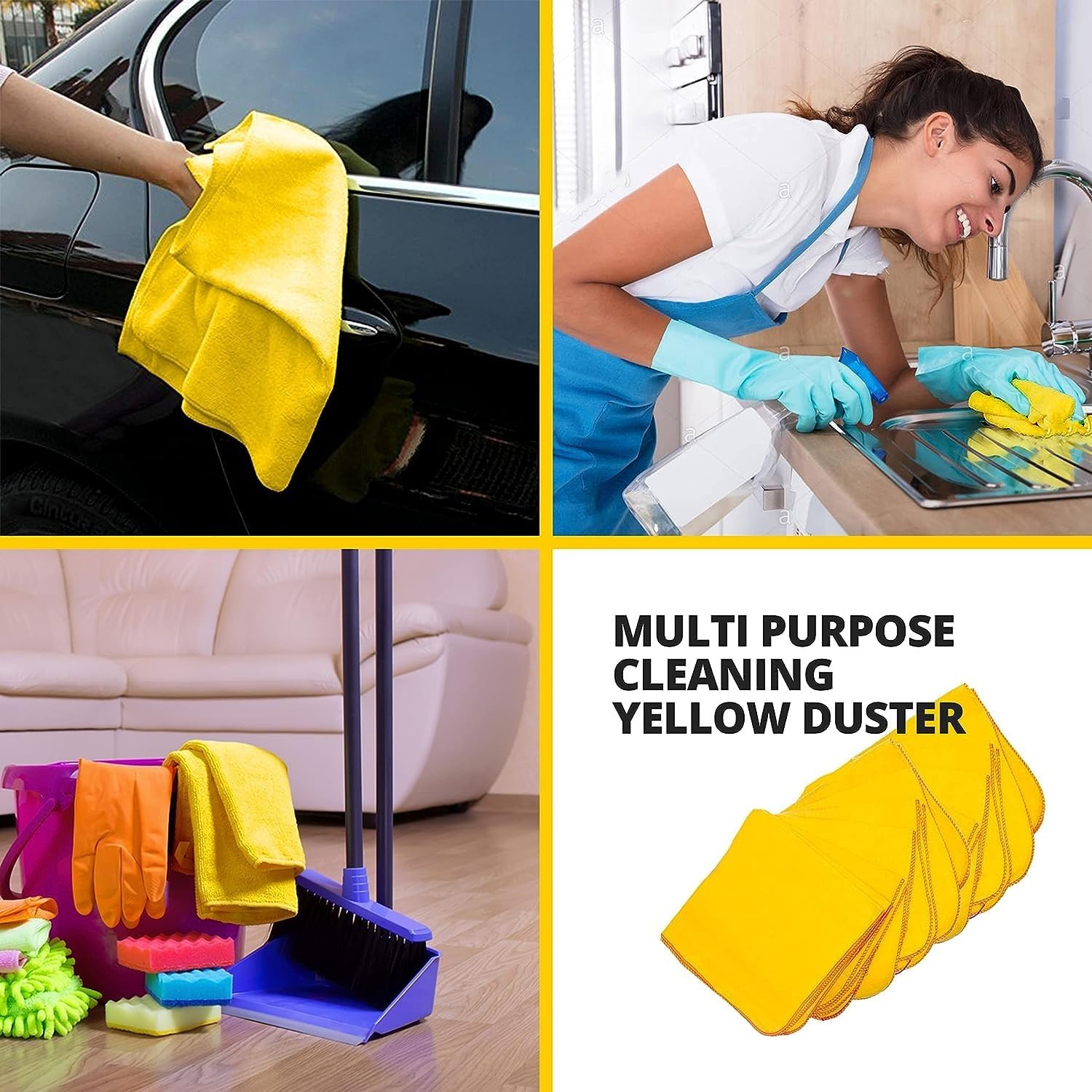 Yellow Dusters (10 Pcs) Feather Duster Cotton Dusting Cloths 30 x 28 CM Lint Free Thick & Soft Washable Reusable Multi Surface Cleaner Ideal for Wood Cleaning Window Kitchen Duster Towel & Car Duster-3