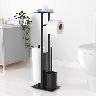 Toilet Roll Holder with Toilet Brush - Toilet Roll Holder Free Standing with Shelf for Wet Wipes, Toilet Roll and Brush Holder Free Standing, Matte Black Toilet Brush with Holder