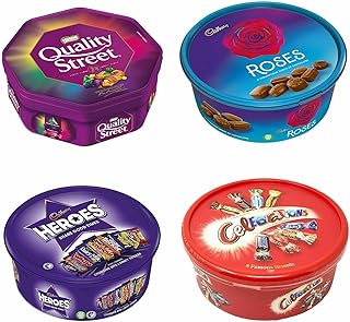 4 x Chocolate Tubs Assorted Pack | 1 Celebrations 550g,1 Heroes 550g,1 Roses 550g,1 Quality Street 600g Chocolate Sharing Tub Perfect For Any Occasion | Festive Seasons