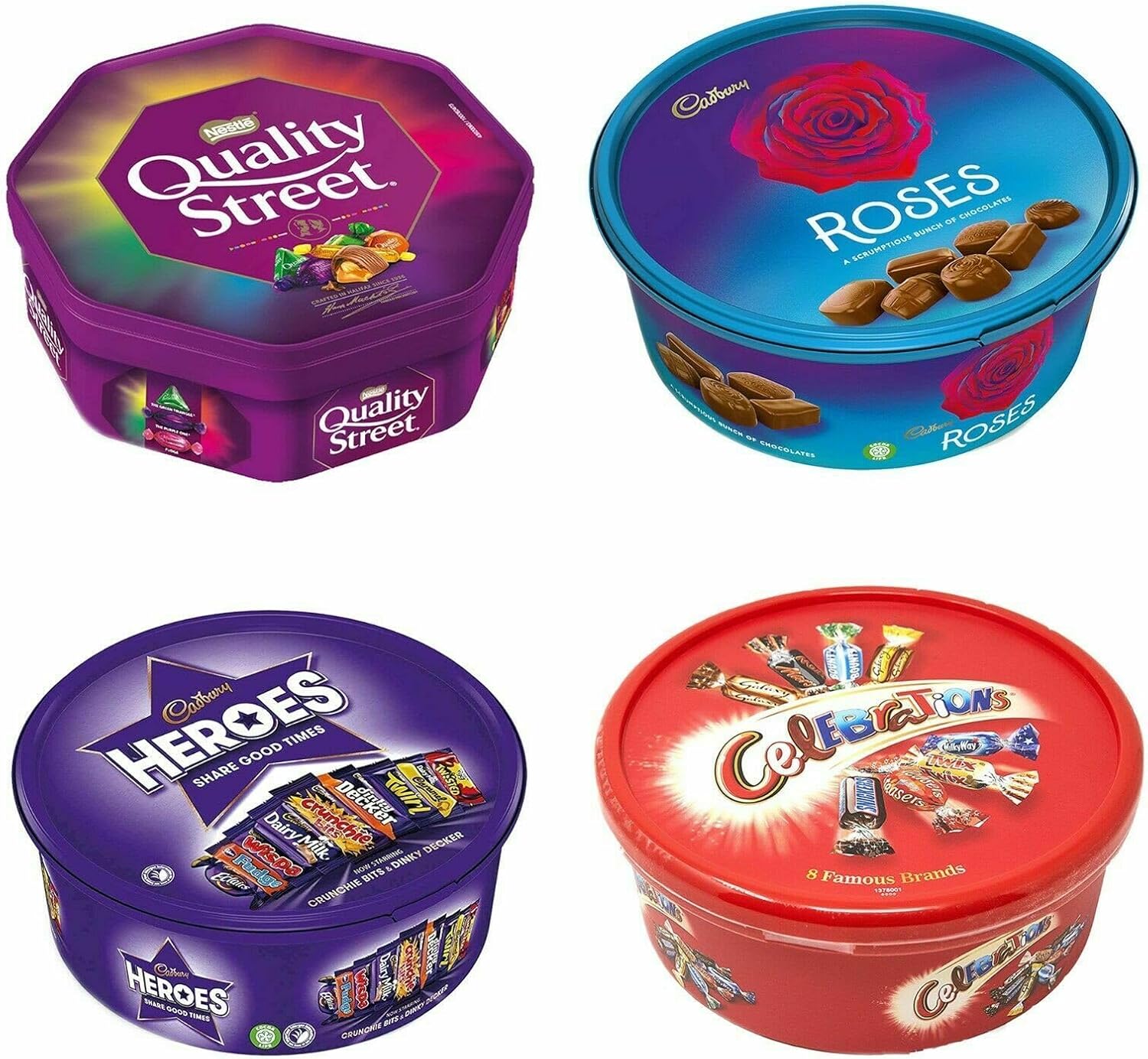 4 x Chocolate Tubs Assorted Pack | 1 Celebrations 550g,1 Heroes 550g,1 Roses 550g,1 Quality Street 600g Chocolate Sharing Tub Perfect For Any Occasion | Festive Seasons-0