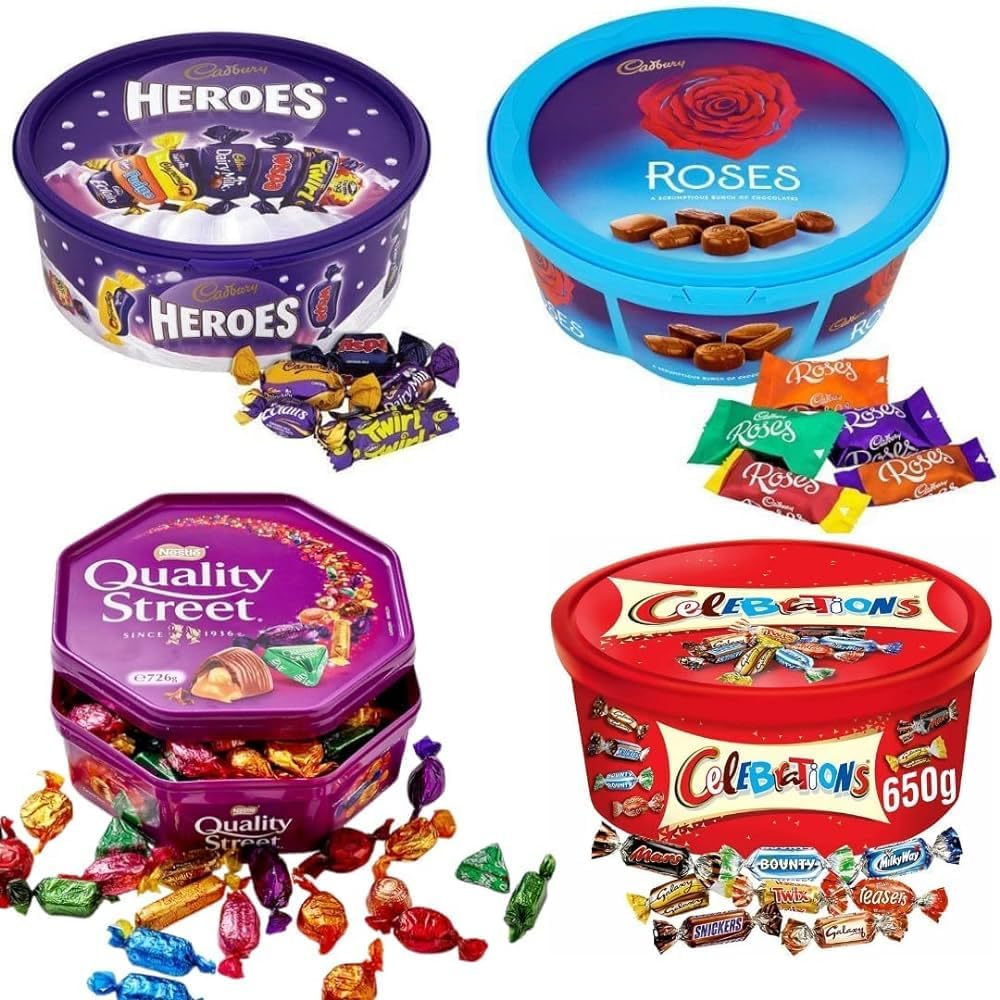 4 x Chocolate Tubs Assorted Pack | 1 Celebrations 550g,1 Heroes 550g,1 Roses 550g,1 Quality Street 600g Chocolate Sharing Tub Perfect For Any Occasion | Festive Seasons-1