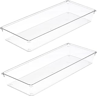 Amtido Large Drawer Organisers 2-Pack - Sturdy Clear Plastic Storage - Versatile Storage for Kitchen Cutlery, Bathroom, Utensils, Makeup, Office, and Desk Accessories (15.2cm x 38.1cm x 5.1cm)