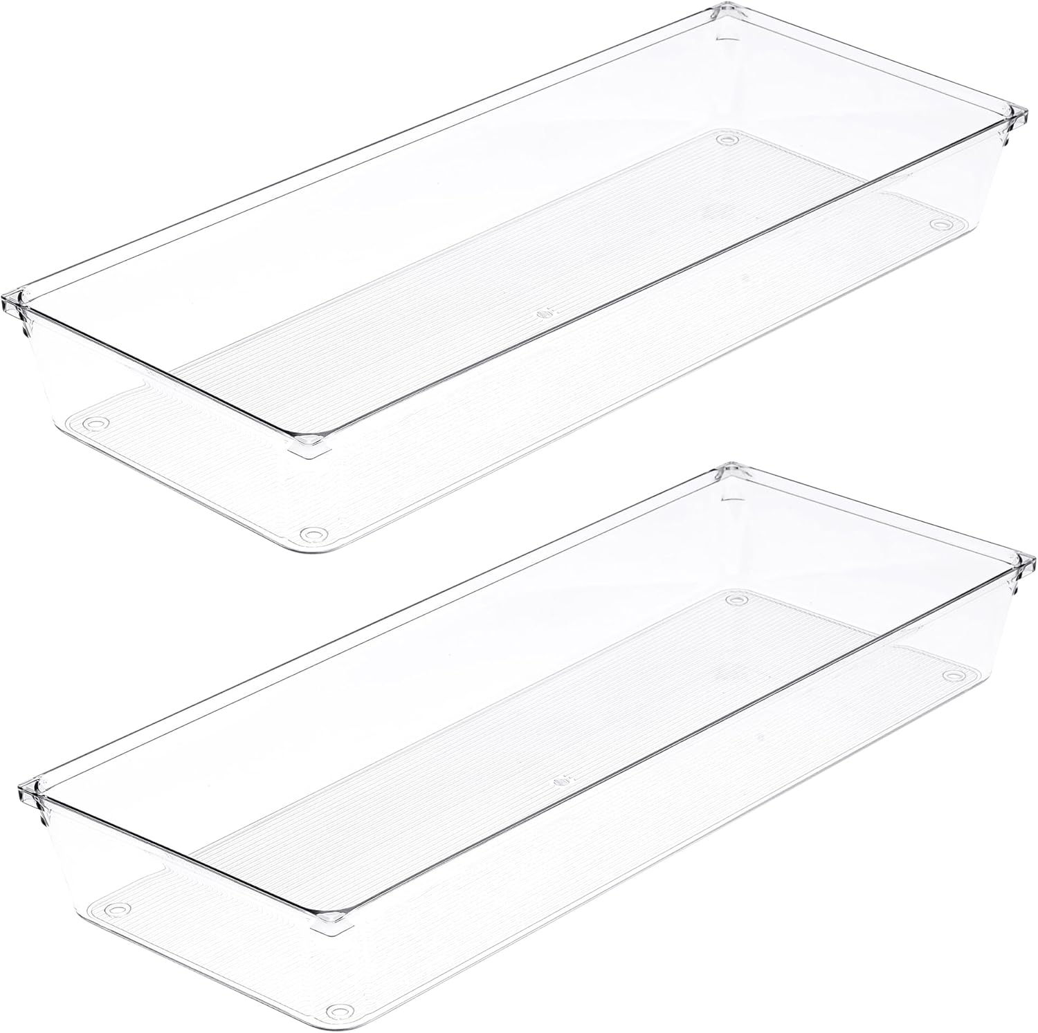 Amtido Large Drawer Organisers 2-Pack - Sturdy Clear Plastic Storage - Versatile Storage for Kitchen Cutlery, Bathroom, Utensils, Makeup, Office, and Desk Accessories (15.2cm x 38.1cm x 5.1cm)-0