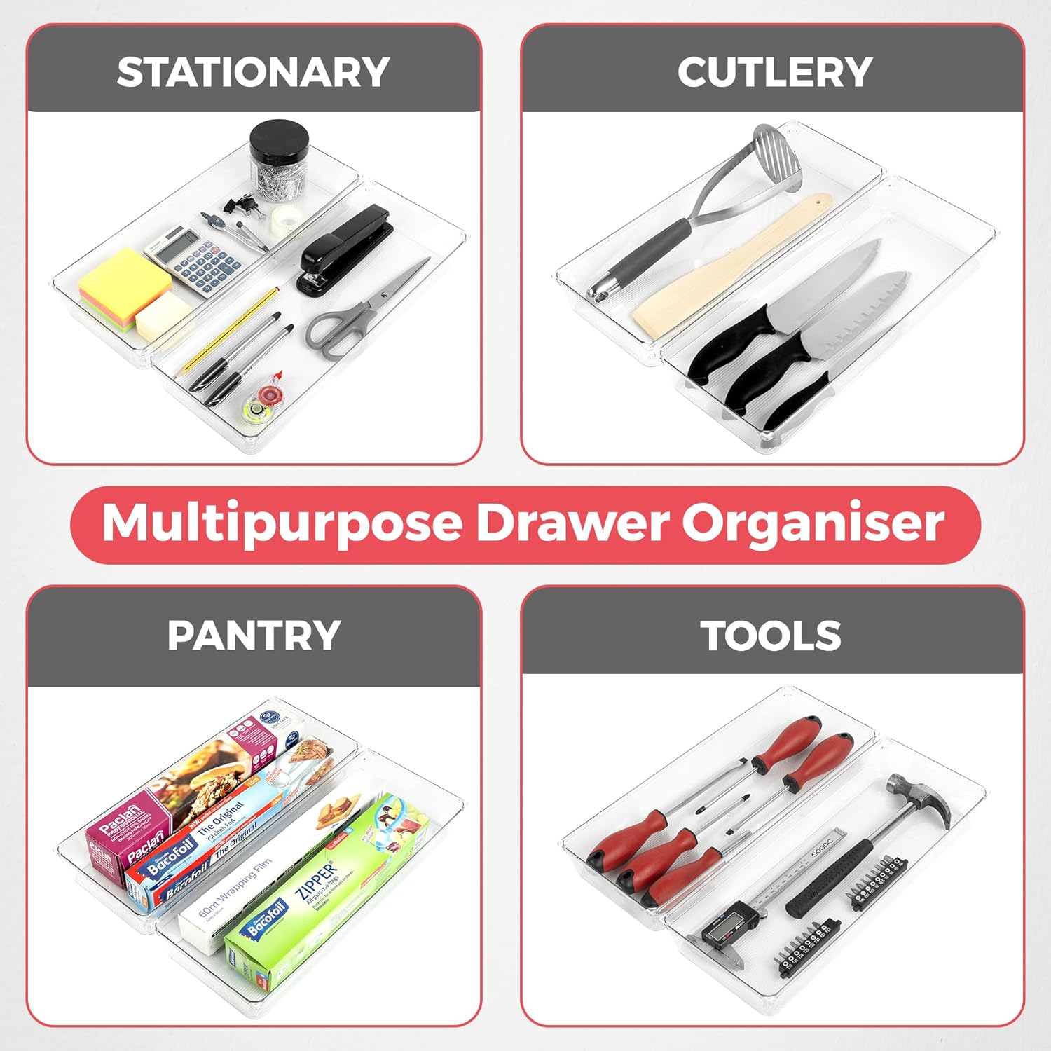 Amtido Large Drawer Organisers 2-Pack - Sturdy Clear Plastic Storage - Versatile Storage for Kitchen Cutlery, Bathroom, Utensils, Makeup, Office, and Desk Accessories (15.2cm x 38.1cm x 5.1cm)-1