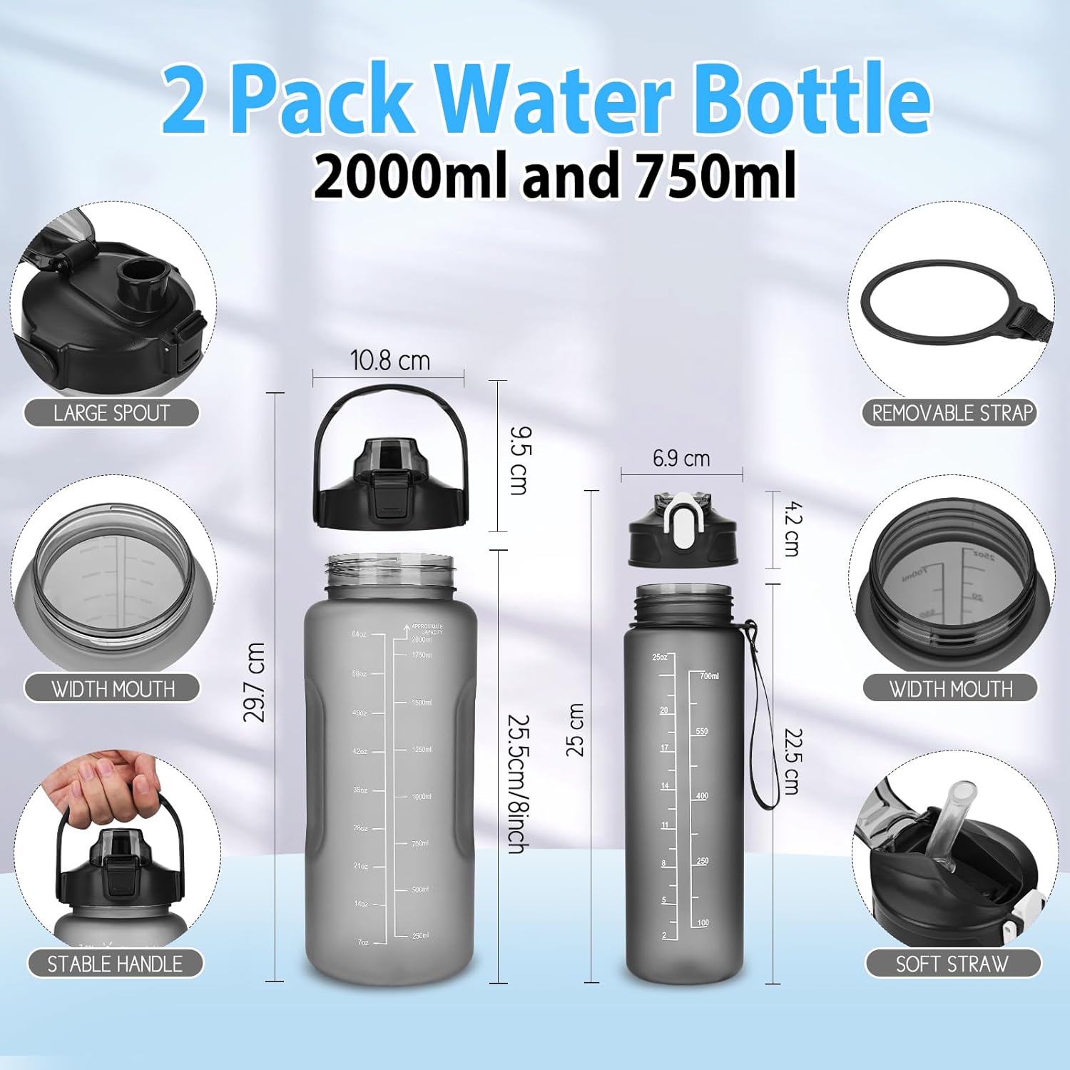 CodiCile 2 Pack Water Bottle BPA Free, 2 Liters Water Bottle & 750ml Water Bottle with Straw, Motivational Canteen Bottle with Time Marking,Leakproof Large Sport Drink Bottle for Women Men-1