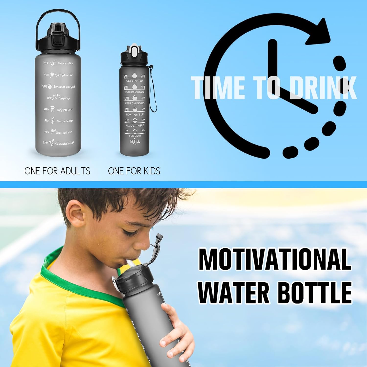 CodiCile 2 Pack Water Bottle BPA Free, 2 Liters Water Bottle & 750ml Water Bottle with Straw, Motivational Canteen Bottle with Time Marking,Leakproof Large Sport Drink Bottle for Women Men-2