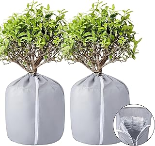 GIONAR 2PCS Plant Winter Protection Pot -40x35cm Flower Pot Protection Bag - Anti-Frost Winter Pot Plant Cover with Drawstring and Zipper for Winter Outdoor Fruit Trees Potted Plants Shrubs