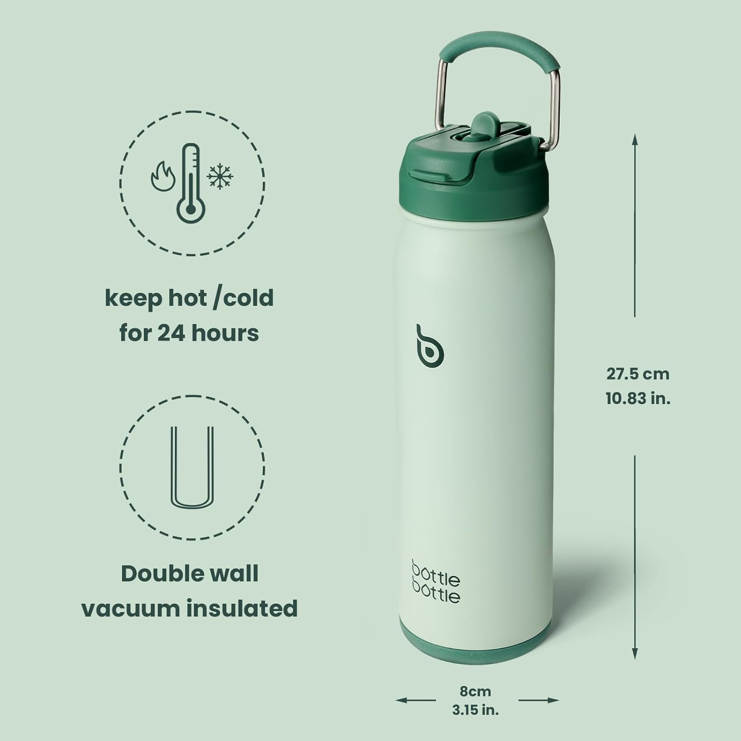 BOTTLE BOTTLE Insulated Water Bottle Stainless Steel 700ml（24oz） Bike Water Bottles with Straw and Adjustable Lid Daily Drink Flask Pill Organizer (green)-5