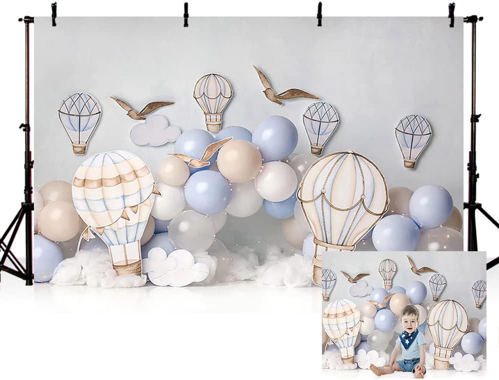 MEHOFOND 8x6ft Boy Birthday Photography Backdrop Blue and Brown Hot Air Balloons White Cloud Newborn Portrait Professional Background Banner Family Party Cake Smash Decor Photo Studio Booth Props-0