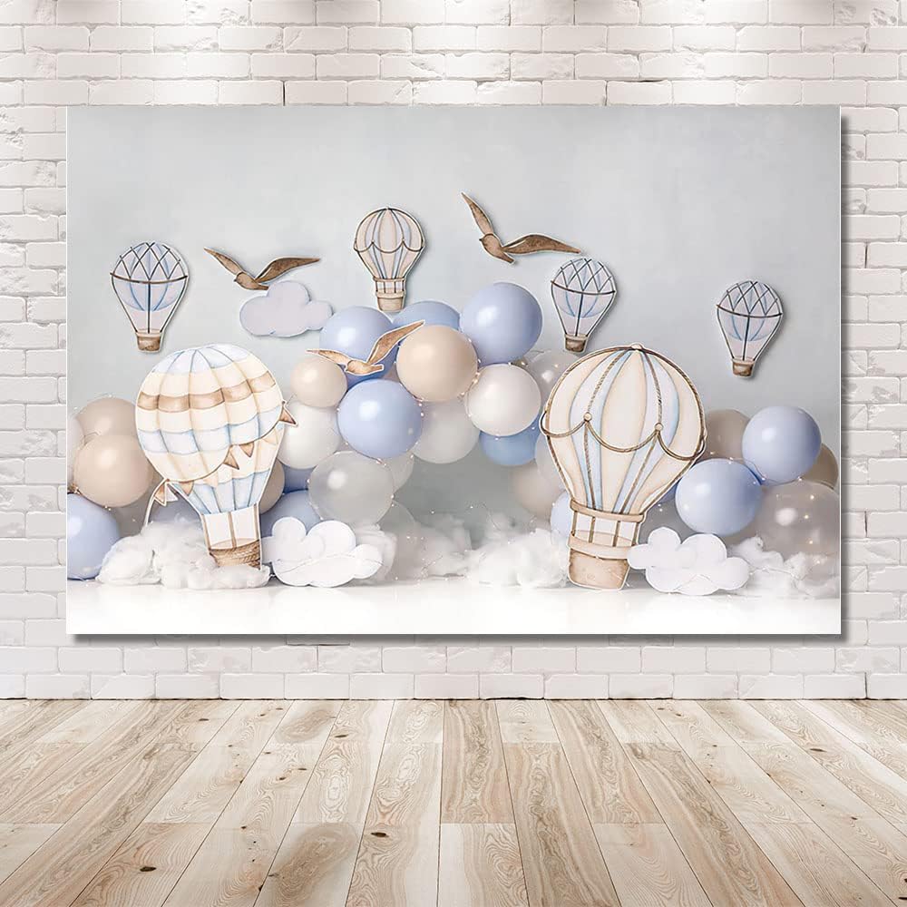 MEHOFOND 8x6ft Boy Birthday Photography Backdrop Blue and Brown Hot Air Balloons White Cloud Newborn Portrait Professional Background Banner Family Party Cake Smash Decor Photo Studio Booth Props-1