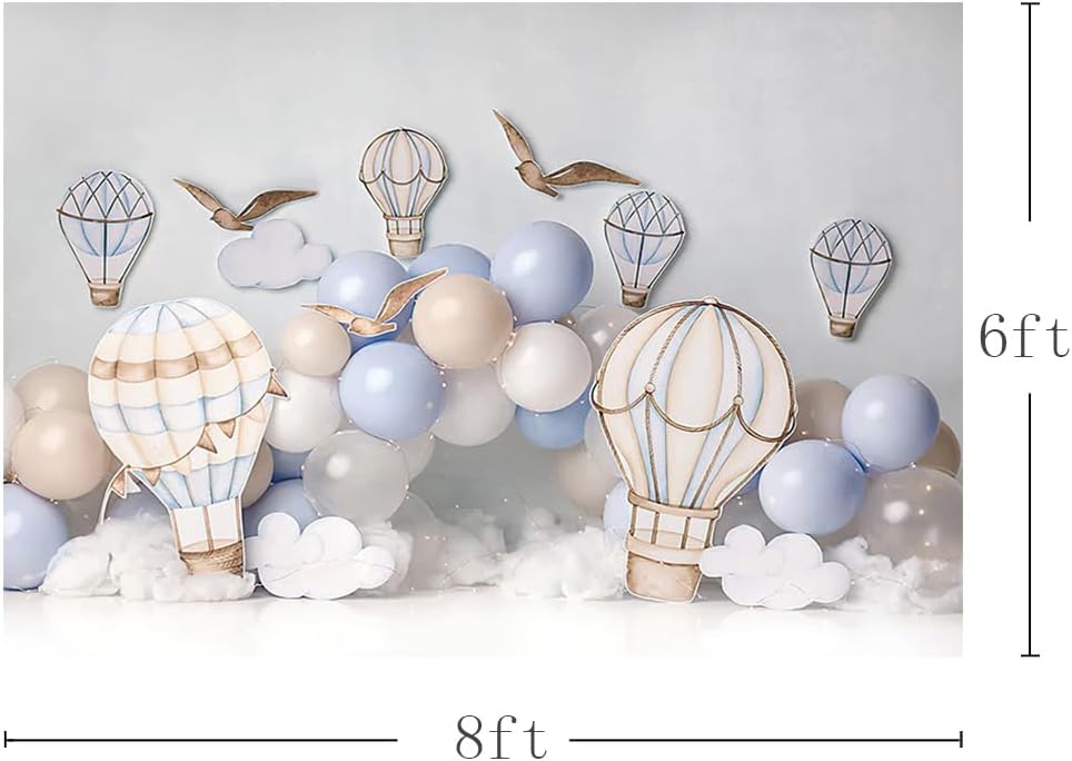 MEHOFOND 8x6ft Boy Birthday Photography Backdrop Blue and Brown Hot Air Balloons White Cloud Newborn Portrait Professional Background Banner Family Party Cake Smash Decor Photo Studio Booth Props-2