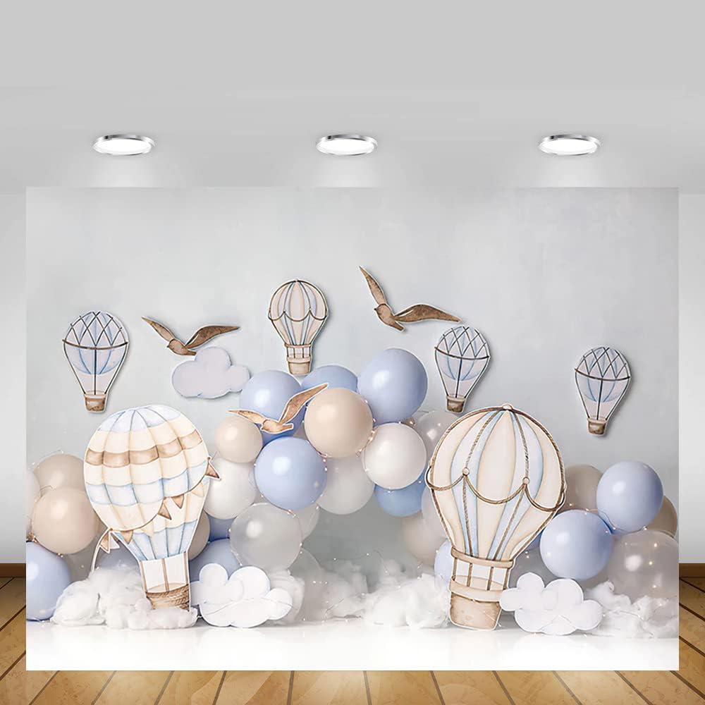 MEHOFOND 8x6ft Boy Birthday Photography Backdrop Blue and Brown Hot Air Balloons White Cloud Newborn Portrait Professional Background Banner Family Party Cake Smash Decor Photo Studio Booth Props-3