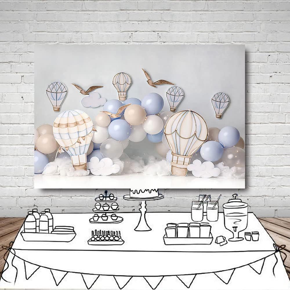 MEHOFOND 8x6ft Boy Birthday Photography Backdrop Blue and Brown Hot Air Balloons White Cloud Newborn Portrait Professional Background Banner Family Party Cake Smash Decor Photo Studio Booth Props-4