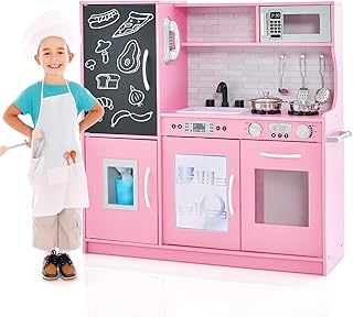 GYMAX Pretend Play Kitchen, Toddler Kitchen Playset with Blackboard, Phone, Microwave, Ice Maker, Dishwasher, Oven, Accessories & Sounds, Wooden Kitchen Toy for 3-6 Years Old (Pink)