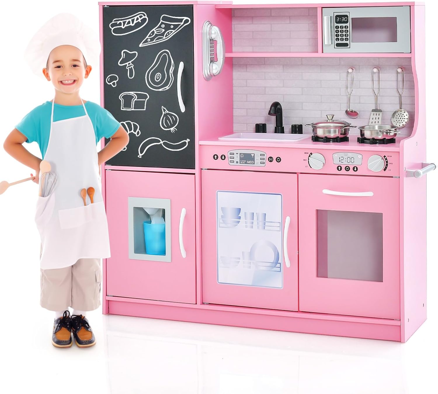 GYMAX Pretend Play Kitchen, Toddler Kitchen Playset with Blackboard, Phone, Microwave, Ice Maker, Dishwasher, Oven, Accessories & Sounds, Wooden Kitchen Toy for 3-6 Years Old (Pink)-0