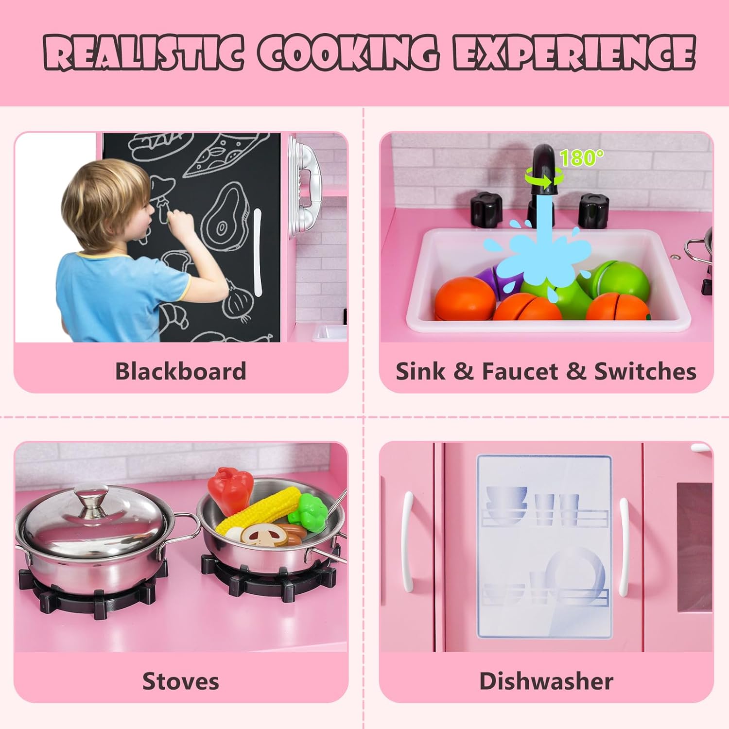 GYMAX Pretend Play Kitchen, Toddler Kitchen Playset with Blackboard, Phone, Microwave, Ice Maker, Dishwasher, Oven, Accessories & Sounds, Wooden Kitchen Toy for 3-6 Years Old (Pink)-1