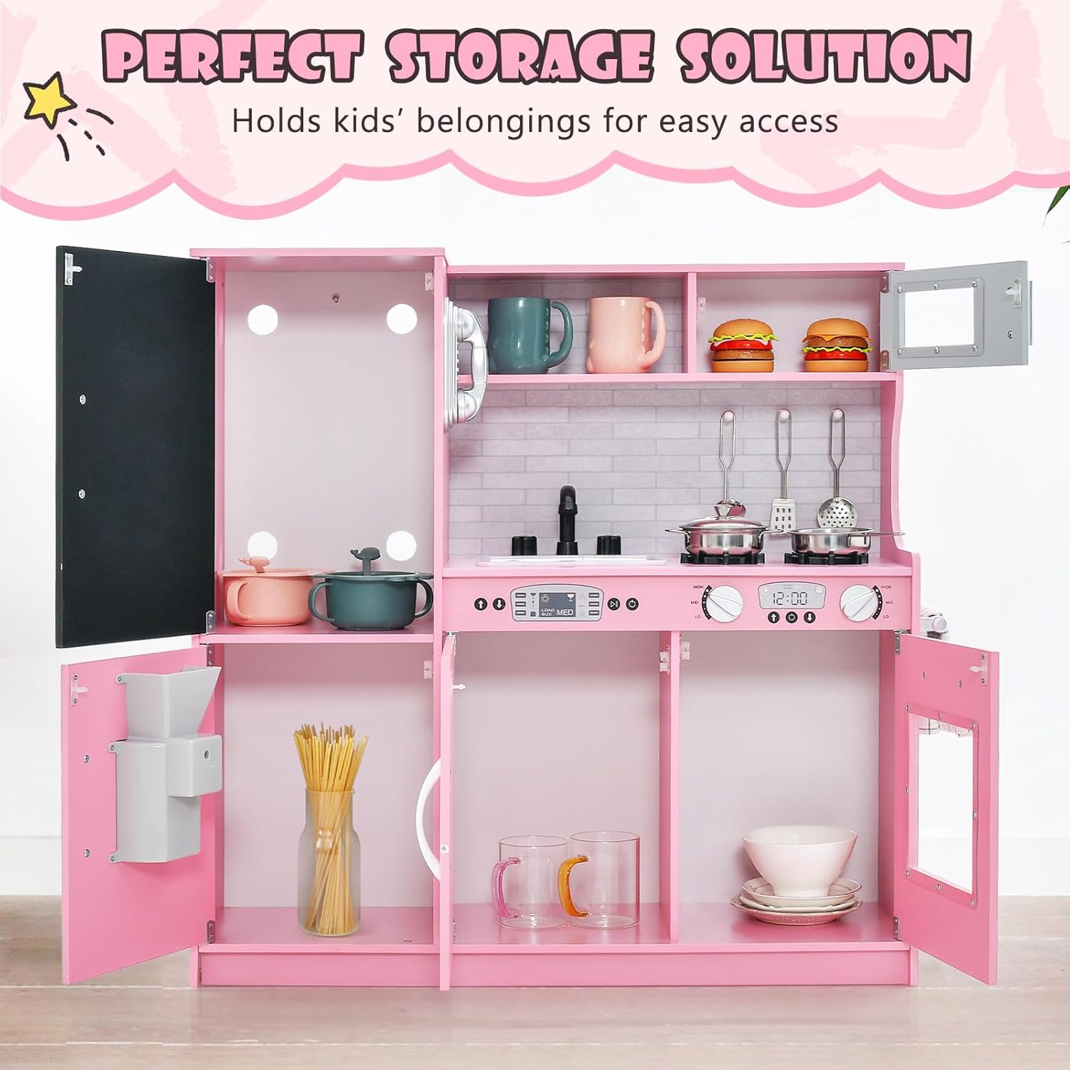 GYMAX Pretend Play Kitchen, Toddler Kitchen Playset with Blackboard, Phone, Microwave, Ice Maker, Dishwasher, Oven, Accessories & Sounds, Wooden Kitchen Toy for 3-6 Years Old (Pink)-3