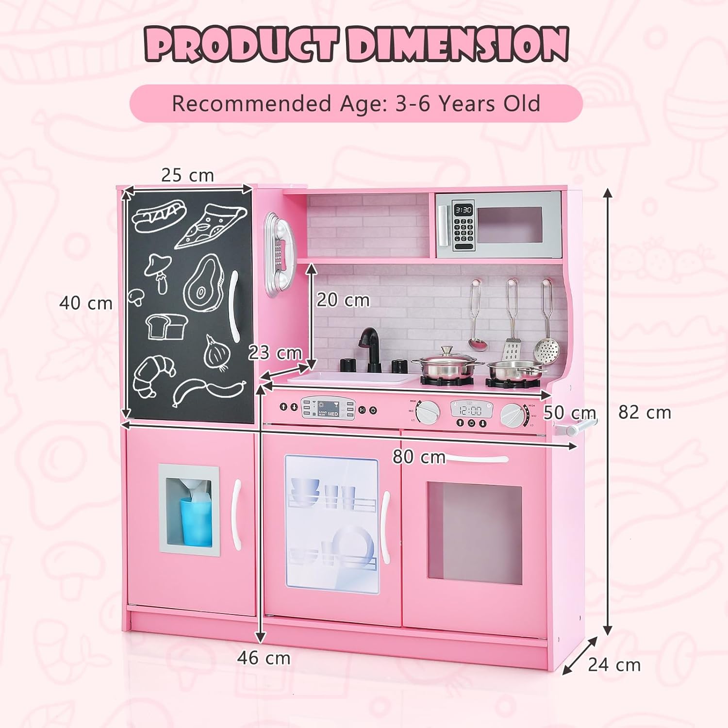 GYMAX Pretend Play Kitchen, Toddler Kitchen Playset with Blackboard, Phone, Microwave, Ice Maker, Dishwasher, Oven, Accessories & Sounds, Wooden Kitchen Toy for 3-6 Years Old (Pink)-5