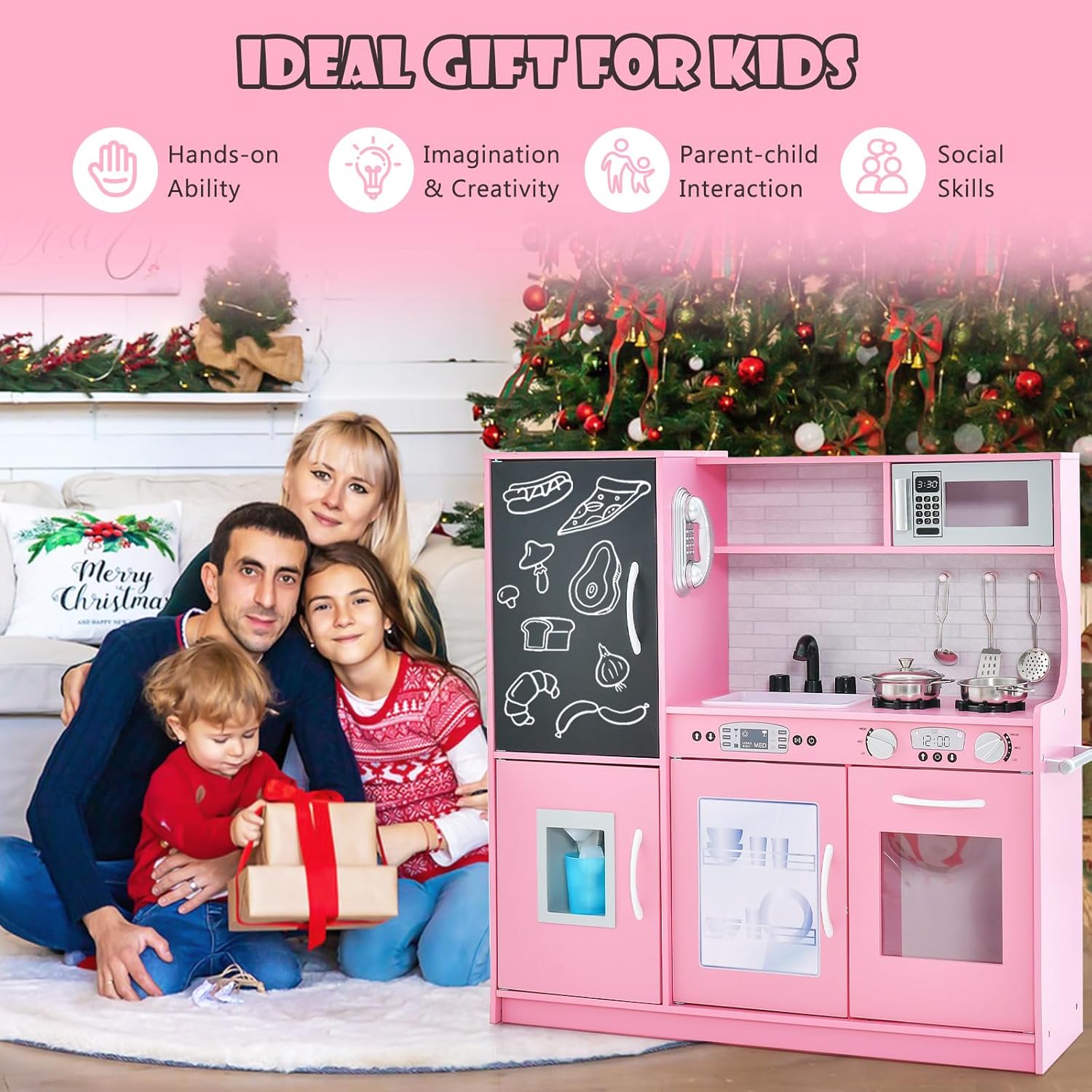 GYMAX Pretend Play Kitchen, Toddler Kitchen Playset with Blackboard, Phone, Microwave, Ice Maker, Dishwasher, Oven, Accessories & Sounds, Wooden Kitchen Toy for 3-6 Years Old (Pink)-6