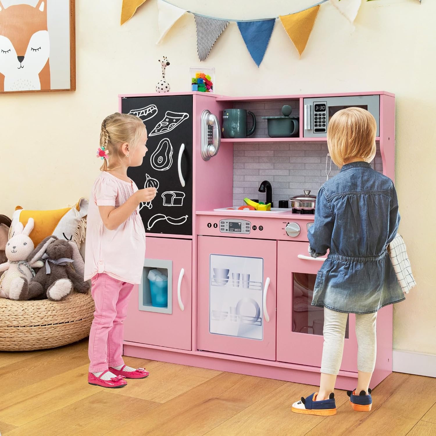 GYMAX Pretend Play Kitchen, Toddler Kitchen Playset with Blackboard, Phone, Microwave, Ice Maker, Dishwasher, Oven, Accessories & Sounds, Wooden Kitchen Toy for 3-6 Years Old (Pink)-8