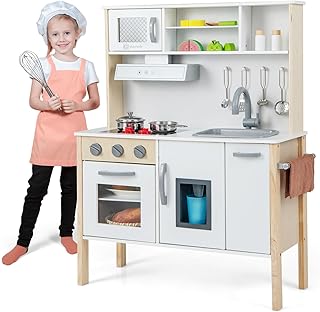 GYMAX Kids Play Kitchen, Children Toy Kitchen with Stoves, Microwave, Range Hood, Oven, Cookware Utensils & Sounds, Wooden Cooking Role Playset for Girls Boys (72 x 30 x 90 cm)