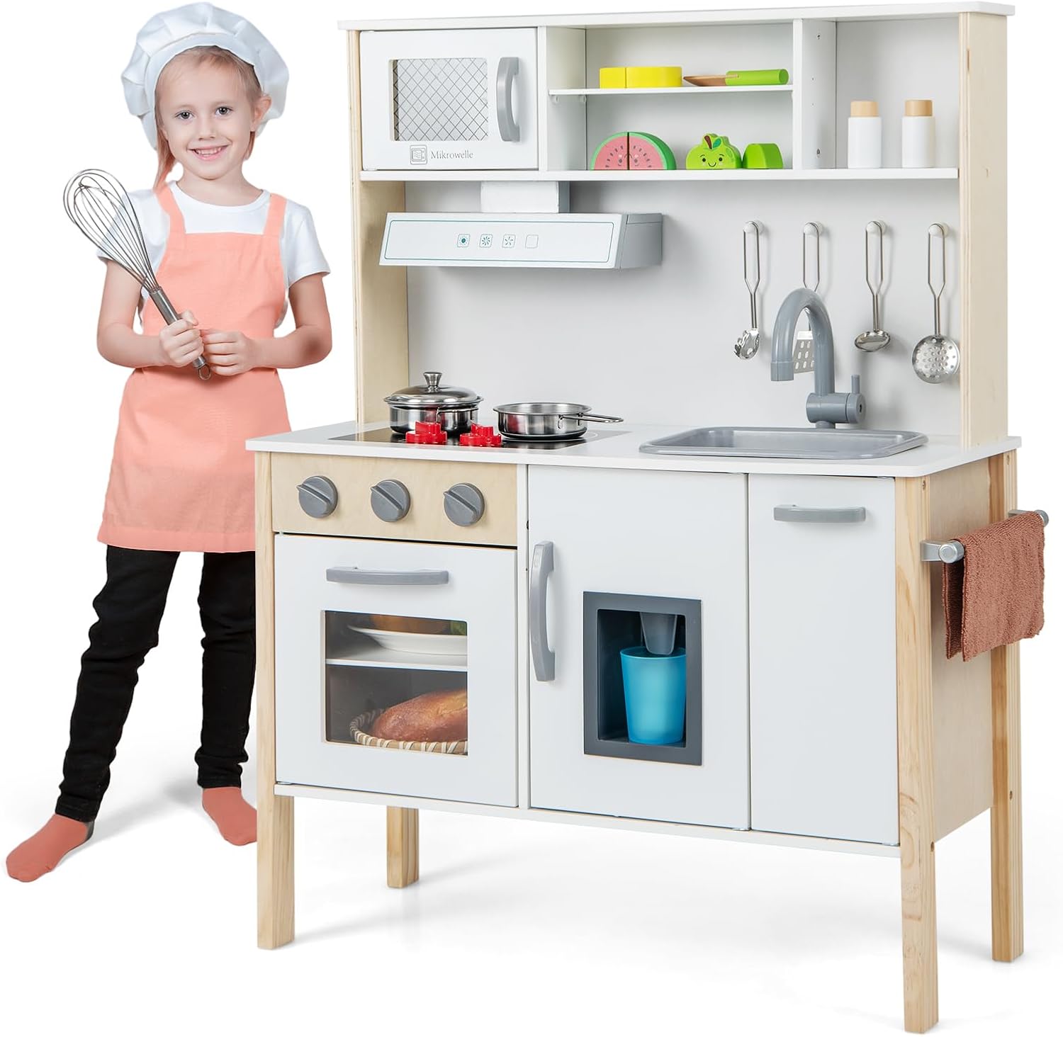 GYMAX Kids Play Kitchen, Children Toy Kitchen with Stoves, Microwave, Range Hood, Oven, Cookware Utensils & Sounds, Wooden Cooking Role Playset for Girls Boys (72 x 30 x 90 cm)-0