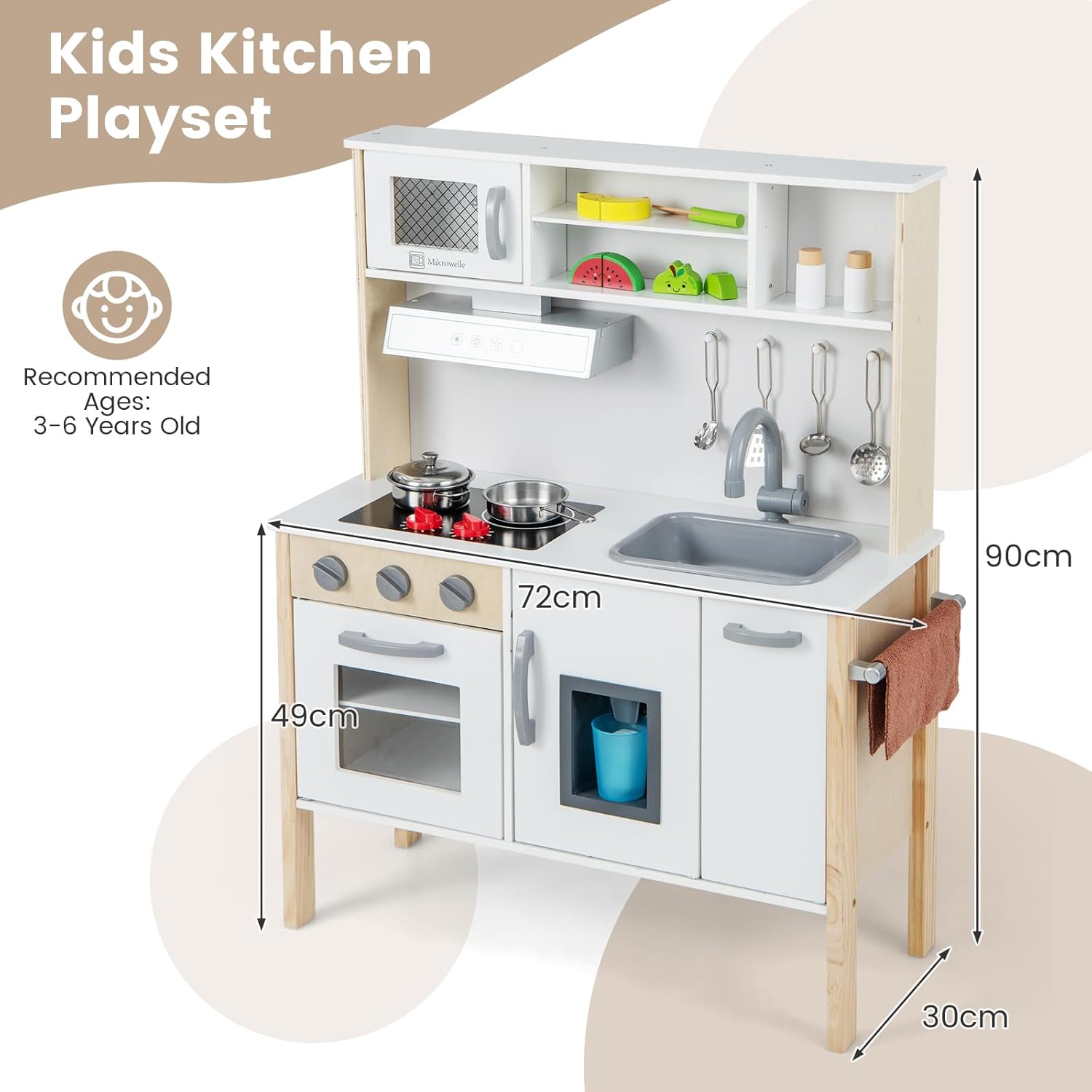 GYMAX Kids Play Kitchen, Children Toy Kitchen with Stoves, Microwave, Range Hood, Oven, Cookware Utensils & Sounds, Wooden Cooking Role Playset for Girls Boys (72 x 30 x 90 cm)-5