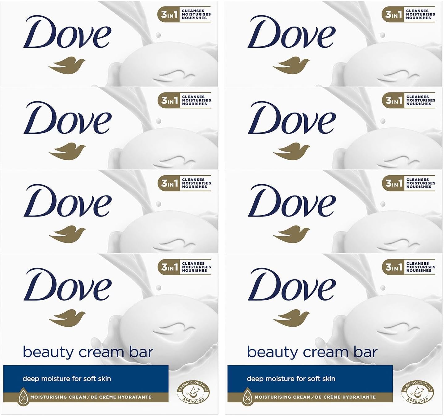 Dove Orginal Beauty Cream Bar 3 in 1 Cleanses, Moisturises and Nourishes Sulphate-Free Bath Soap for Soft and Smooth Skin, Suitable for Daily Use, 8x90g-0