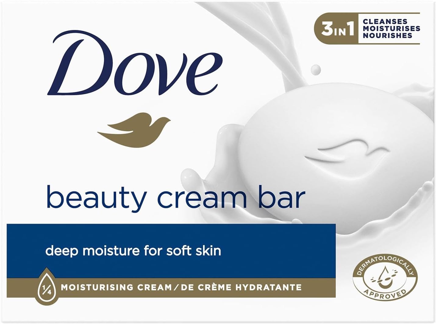 Dove Orginal Beauty Cream Bar 3 in 1 Cleanses, Moisturises and Nourishes Sulphate-Free Bath Soap for Soft and Smooth Skin, Suitable for Daily Use, 8x90g-1