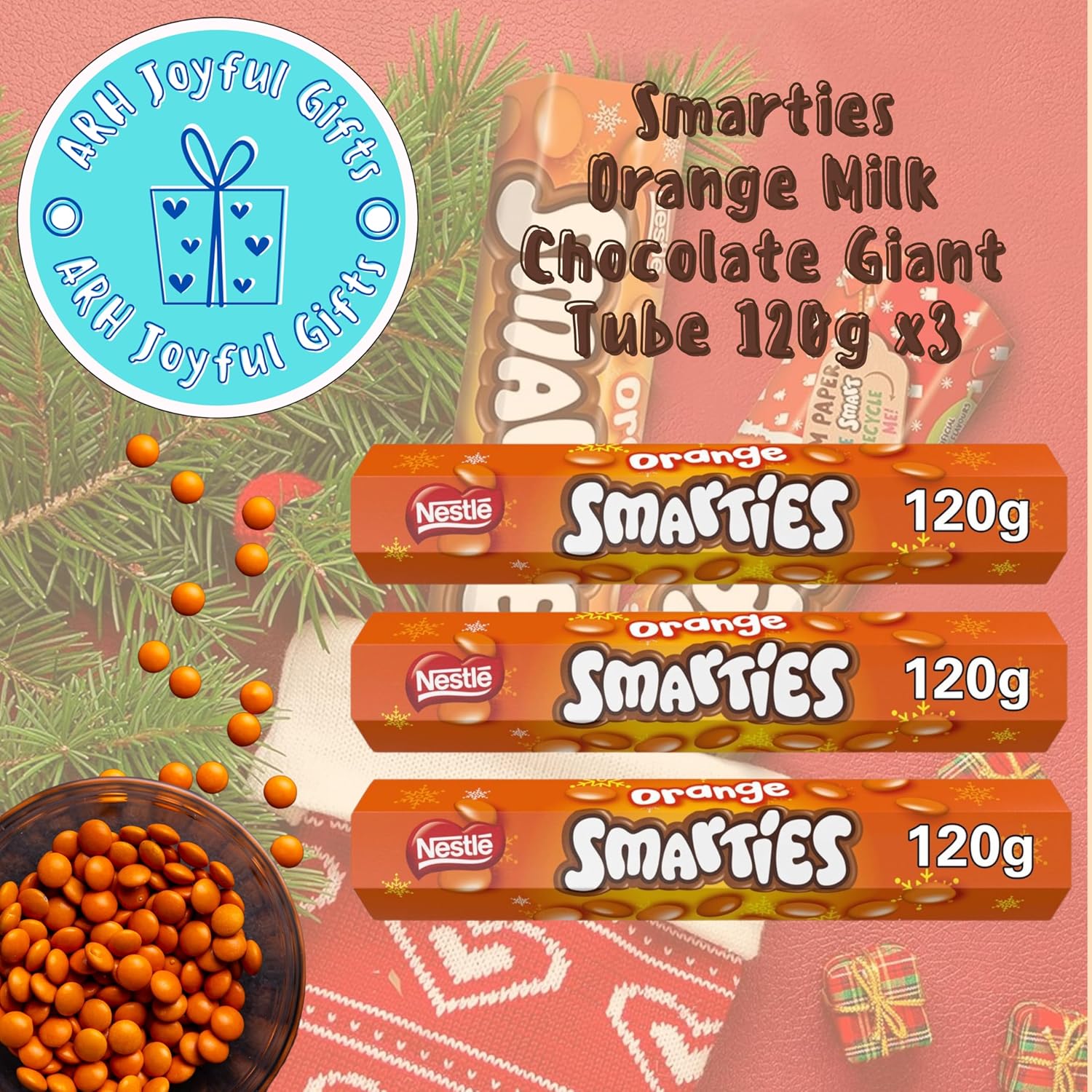 x3 Smarties Orange Milk Chocolate Giant Tube 120g - Great as Christmas Chocolate, Easter Chocolate, Halloween Chocolates and more!-1