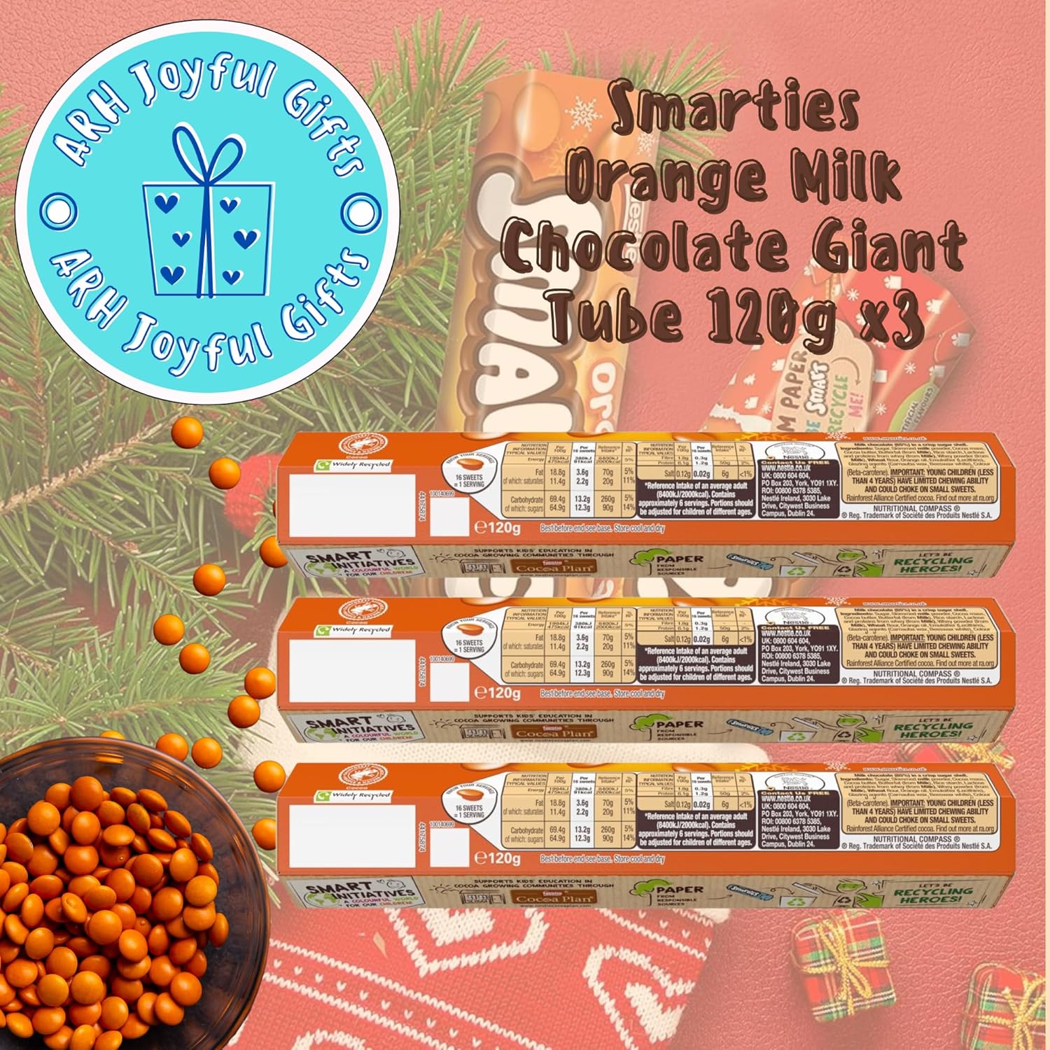 x3 Smarties Orange Milk Chocolate Giant Tube 120g - Great as Christmas Chocolate, Easter Chocolate, Halloween Chocolates and more!-2