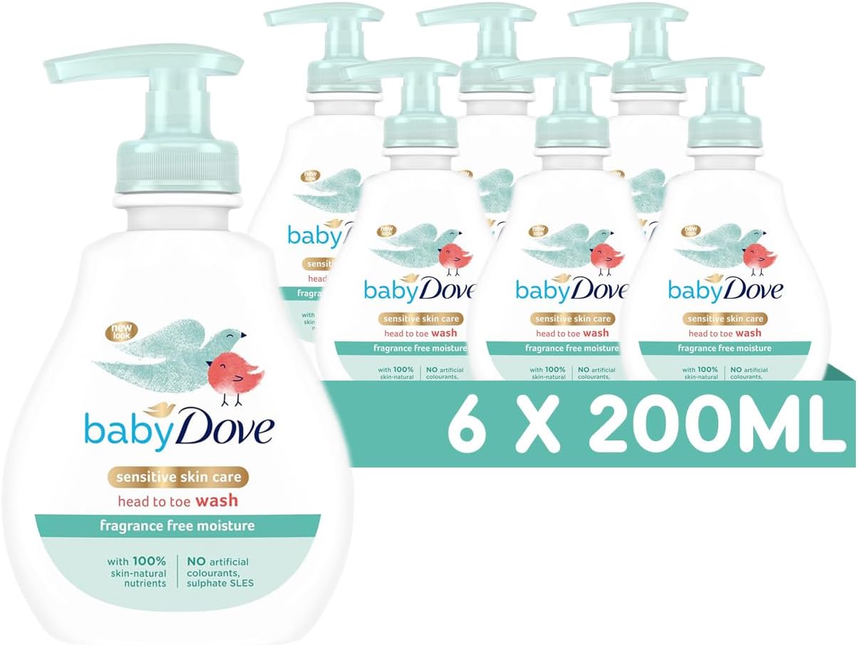 Baby Dove Head to Toe Wash - Gentle & Soothing Hair and Body Wash for Babies, Nourishing & Moisturising for Sensitive Skin, Tear-Free Formula, Ideal for Newborns - 200ml, Pack of 6-0