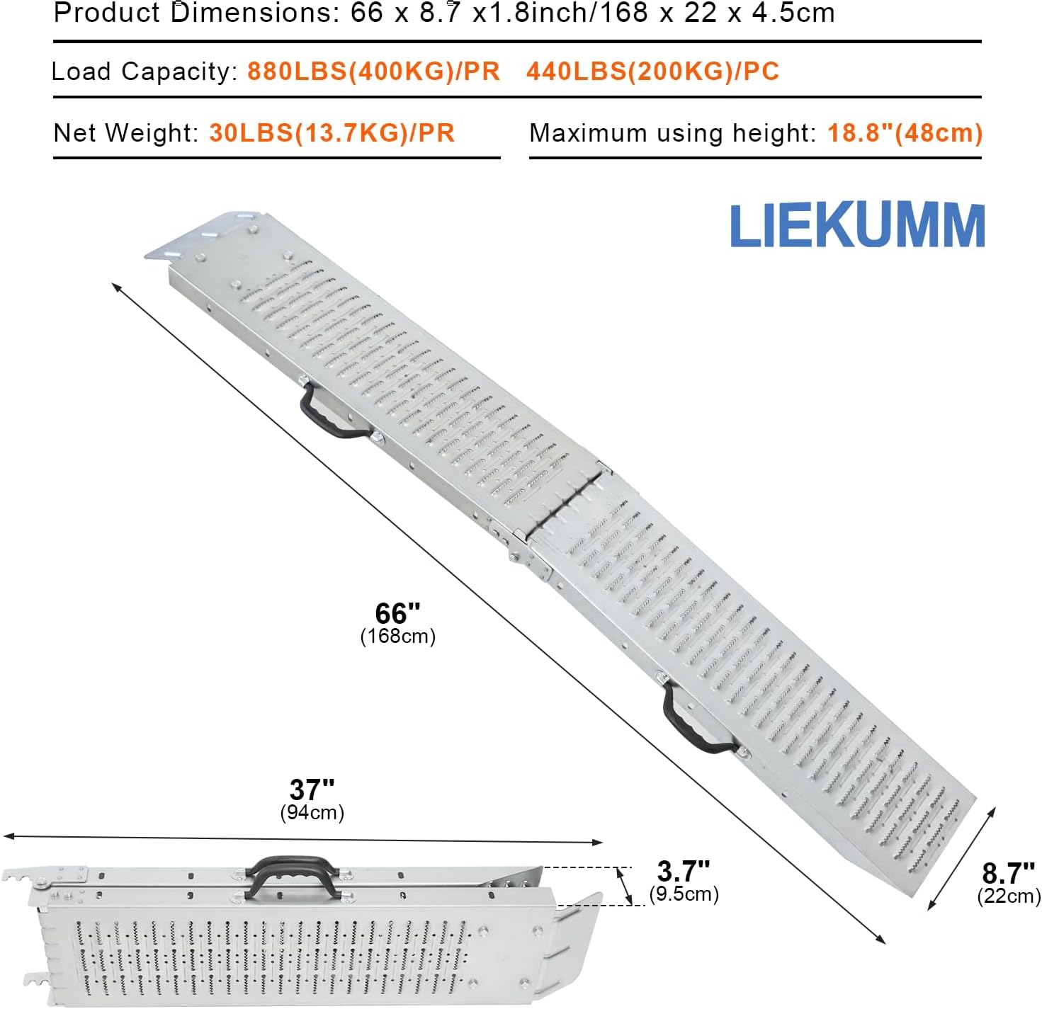 LIEKUMM Loading Ramps, Folding Motorbike Ramps, Van Ramps Heavy Duty with 400kg Capacity, Loading Ramp for Motorcycle, Car, Bike, Van, Accessible Vehicles, 168 x 22cm, Steel, 2PCS-1