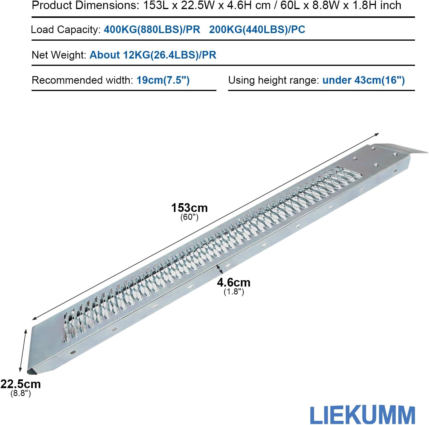 LIEKUMM Van Ramps, 153 x 22cm Loading Ramps, 400kg Capacity Motorcycle loading ramp, Steel Van Ramps for Motorbike, Scooter, Bike, 2PCS-1