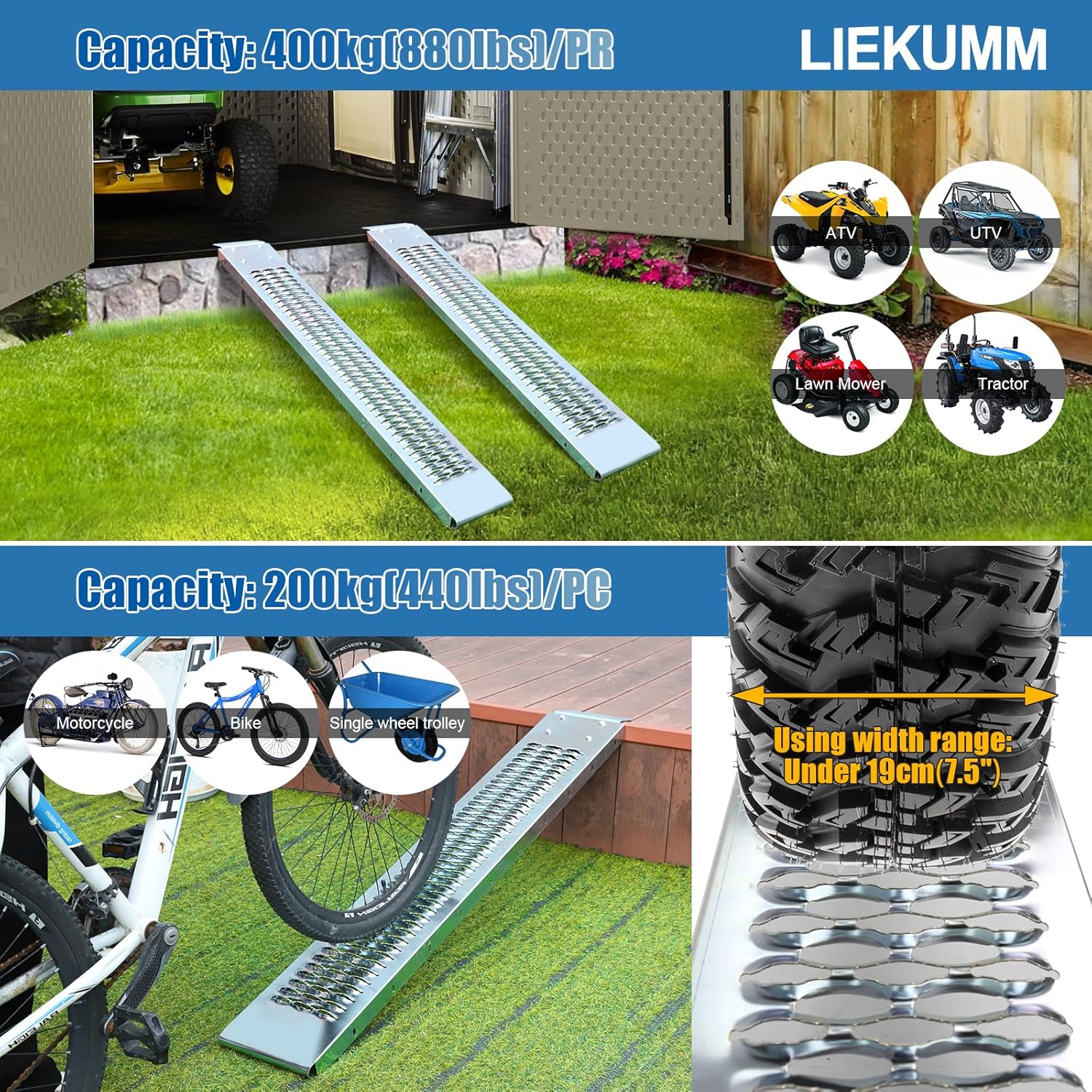 LIEKUMM Van Ramps, 153 x 22cm Loading Ramps, 400kg Capacity Motorcycle loading ramp, Steel Van Ramps for Motorbike, Scooter, Bike, 2PCS-5