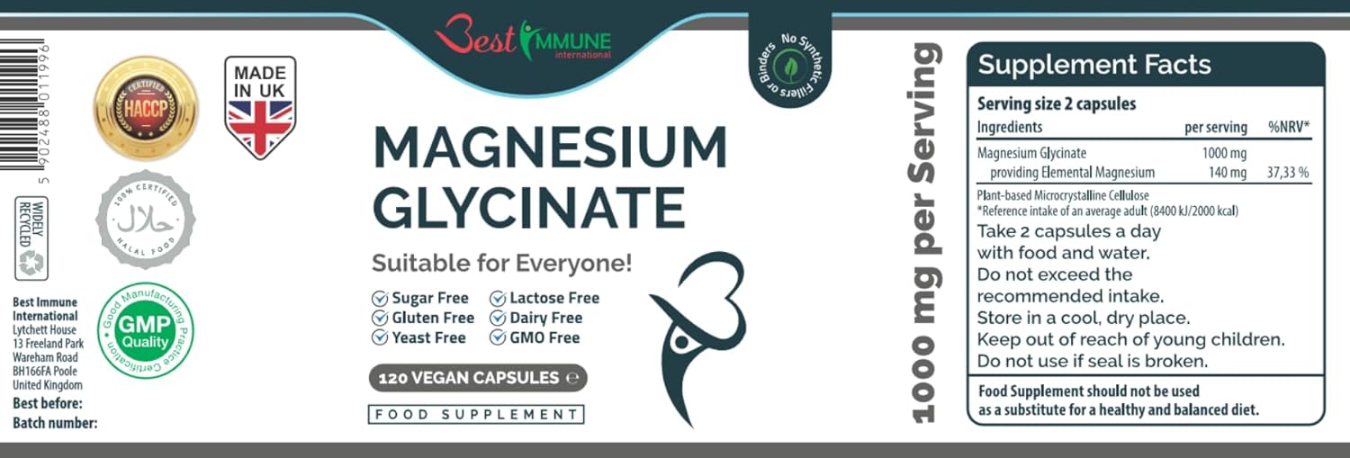 Natural Magnesium Glycinate 1000mg per Serving Premium Quality Ideal Strength 120 Vegan Capsules Highest Bioavailability-3