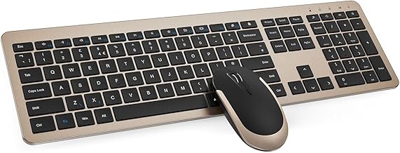 Wireless Keyboard and Mouse Set, seenda Full Size Ultra Slim Quiet USB Keyboard and Mouse QWERTY UK Layout with Numeric Keypad for Windows PC, Laptop, Computer, Black and Gold