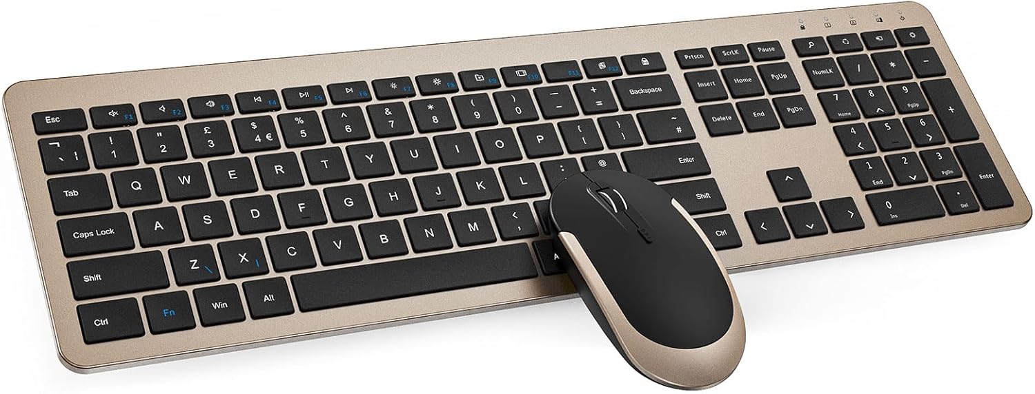 Wireless Keyboard and Mouse Set, seenda Full Size Ultra Slim Quiet USB Keyboard and Mouse QWERTY UK Layout with Numeric Keypad for Windows PC, Laptop, Computer, Black and Gold-0