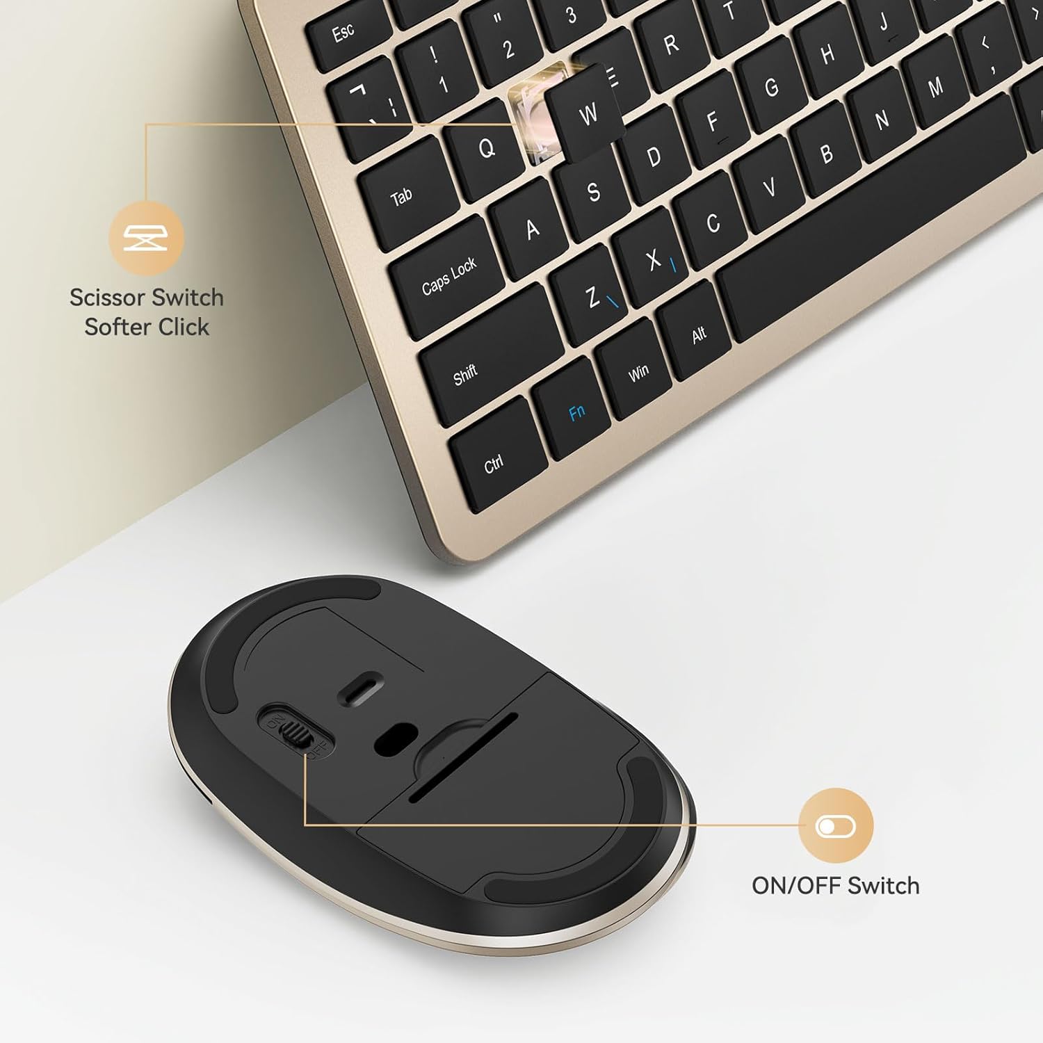 Wireless Keyboard and Mouse Set, seenda Full Size Ultra Slim Quiet USB Keyboard and Mouse QWERTY UK Layout with Numeric Keypad for Windows PC, Laptop, Computer, Black and Gold-1